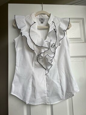 White Sleeveless Ruffle Blouse with Black Piping S